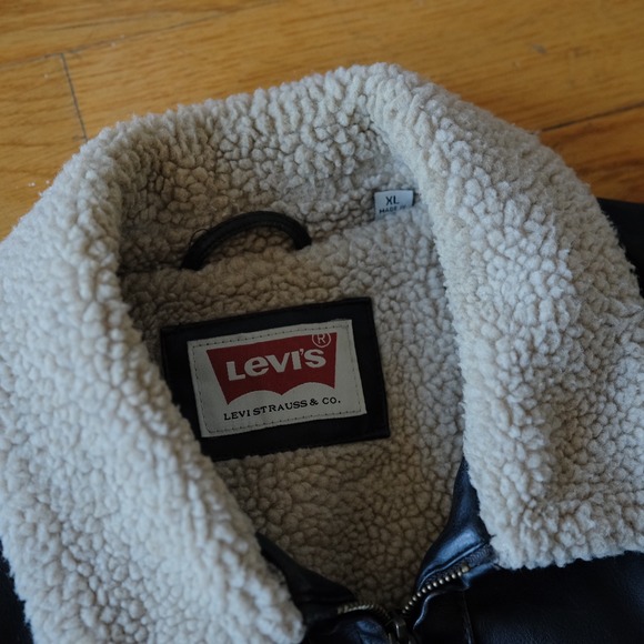 Levi's Mens Faux Leather Bomber Jacket Sherpa Collar Dark Brown Size XL Retro - Picture 4 of 8
